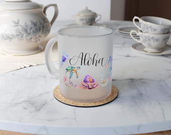 Aloha Seahorse Frosted Glass Mug, Frosted Glass Mug with Watercolor Seahorse Ocean Design, Gift for Sea Lovers