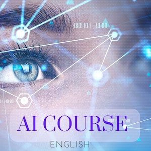 Könnte beinhalten: Nahaufnahme eines menschlichen Auges mit einem Netzwerk aus blauen Linien und digitalen Elementen. Der Text "AI COURSE ENGLISH" wird in violetter Schrift vor einem verschwommenen Hintergrund angezeigt, was auf ein Technologie- oder Bildungsthema hindeutet.