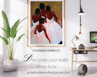 Lámina con cuatro bailarinas, obra de arte original, decoración de pared de ballet (descarga digital)
