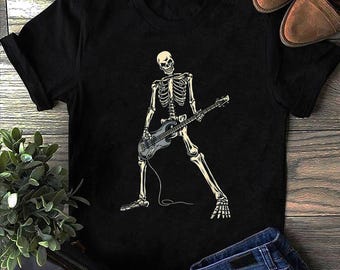 Skelett som spelar bas för basist och gitarr basister T-shirt - rolig gitarrtröja, gitarr-T-shirt, vintage gitarrtröja, gitarrist