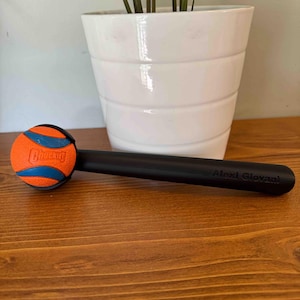 May include: A black and orange Chuckit! ball attached to a black handle with the name "Alexi Giovani" printed on the handle.