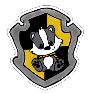 May include: A cartoon illustration of a badger inside a shield. The shield is divided into black and yellow sections, with a gray border. The badger is gray, white, and black, wearing a yellow and black scarf.