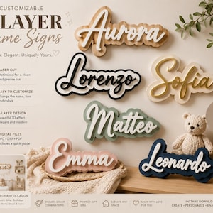 May include: Customizable 2-layer name signs in various colors and fonts. The signs feature names like Aurora, Lorenzo, Sofia, Matteo, Emma, and Leonardo. The signs are laser cut with a 3D effect, perfect for nursery decor and gifts.