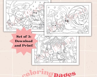 Ash & Echo - Set de 3 páginas para colorear digitales / Imprimibles / Descarga digital / Páginas para colorear adorables / Diversión para niños y adultos / Estilo Kawaii