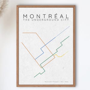 Impression de carte du métro de Montréal - dessin au trait métro minimaliste - affiche de transport en commun MTL moderne - art mural ville souterraine
