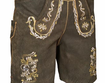 May include: Brown leather shorts with decorative embroidery in gold and white. The shorts feature suspender attachments and pockets. A traditional garment.
