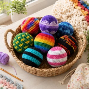 May include: A collection of colorful, crocheted balls in a woven basket. The balls feature various patterns and colors, including rainbow stripes, blue and black stripes, and green with yellow accents. A crochet hook and yarn are visible.