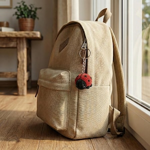 May include: A tan backpack with a small, red and black ladybug keychain attached to the zipper. The ladybug keychain is crocheted with black spots. The backpack has a front pocket and a top handle. The backpack is sitting on a wooden floor.