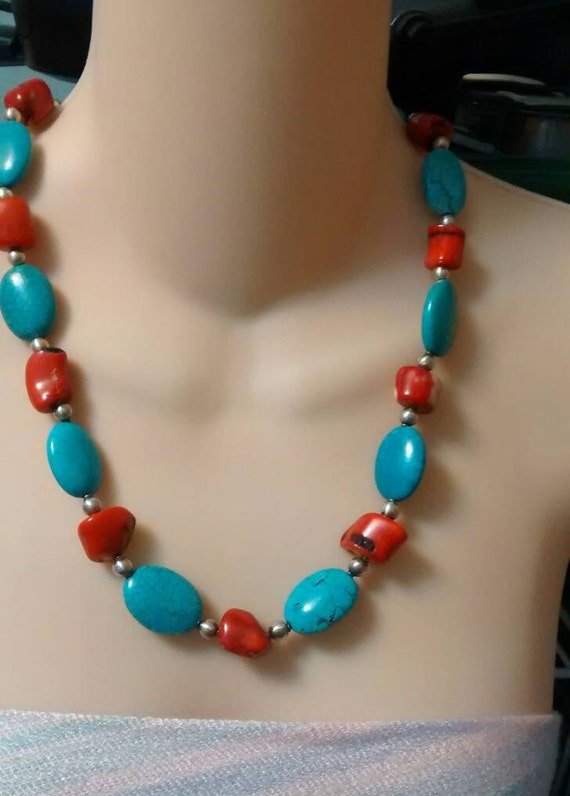 Items similar to Turquoise and Coral Beaded Necklace, Turquoise ...