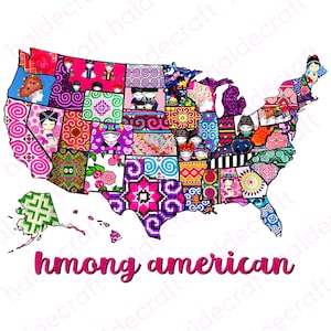 Mosaico Hmong Americano: Un Tapiz de Patrimonio - Diseño PNG de Mapa Único de EE. UU.