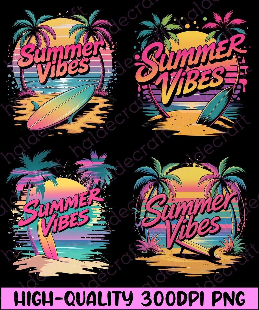 Summer Vibes PNG Bundle | Retro Surf Beach Sublimation Set | 4 High ...