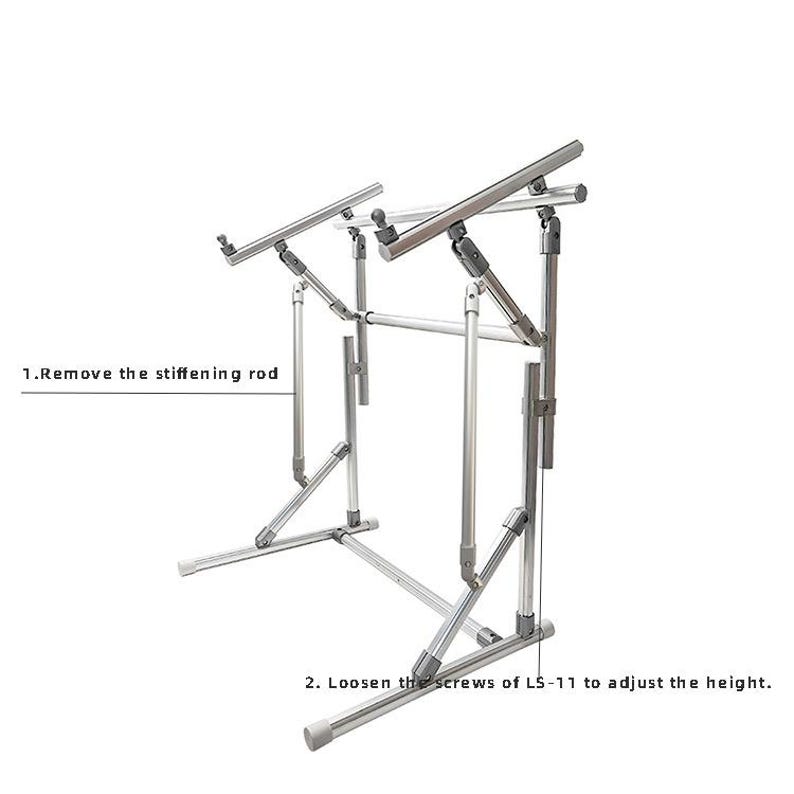 May include: A silver metal adjustable laptop stand with a tubular frame structure. The stand features two angled support arms and a base. Text on the image reads: 1. Remove the stiffening rod and 2. Loosen the screws of LS-11 to adjust the height.
