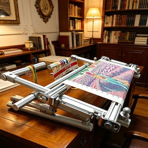 May include: A silver-colored, adjustable cross-stitch frame holds a colorful, patterned needlepoint project. The frame sits on a polished wooden desk, with a thread organizer and a variety of colored threads attached. The background includes bookshelves and a warm-toned lamp.