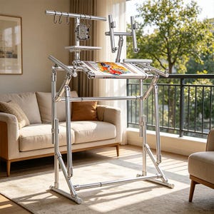 May include: A silver metal floor-standing embroidery frame with adjustable arms, a horizontal top bar with hanging hooks, a device holder, and a central rectangular frame holding a piece of fabric with a colorful printed design.