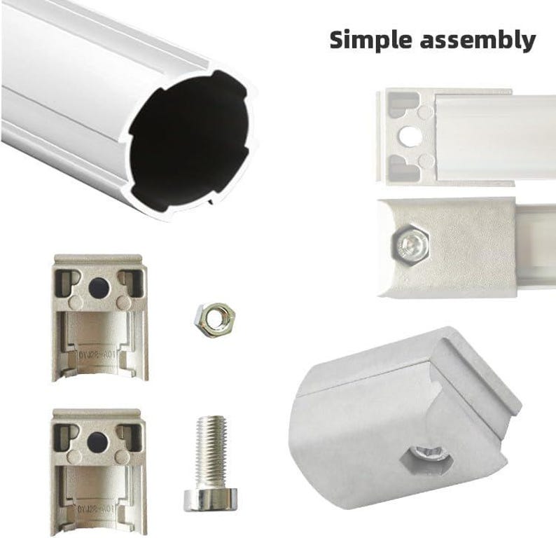 May include: A silver aluminum extrusion profile with a hollow circular core, accompanied by metallic end caps, a small nut, and a bolt. The components are displayed for simple assembly, featuring a clean industrial design with visible hardware.