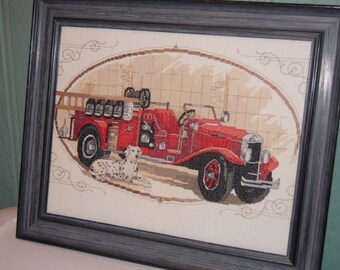 Completed and Framed - Vintage Firetruck and Dalmation -