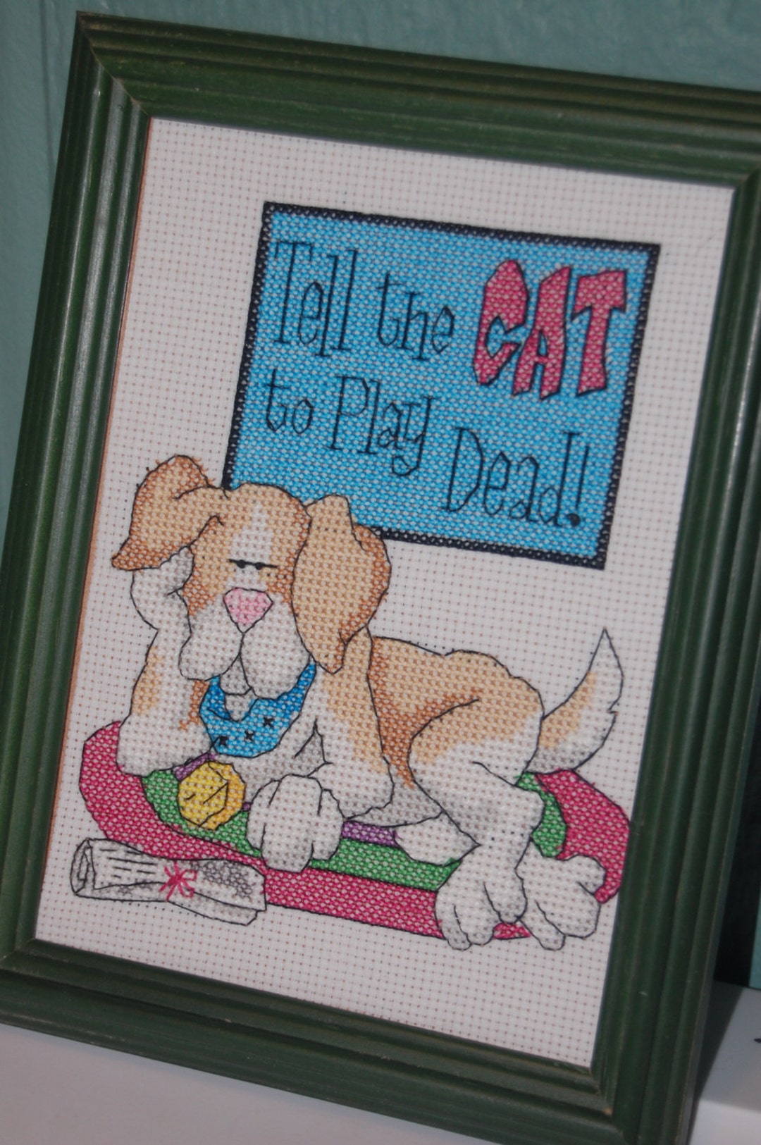 Completed and Framed Tell the Cat to Play Dead Etsy