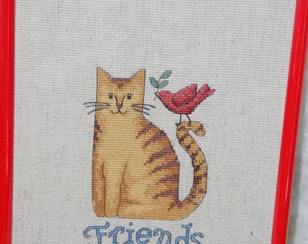 KITTY AND BIRD - Completed and Framed Cross Stitch -