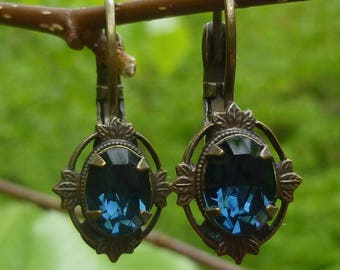 Small Vintage Dark Blue Austrian Crystal Dangle Earrings