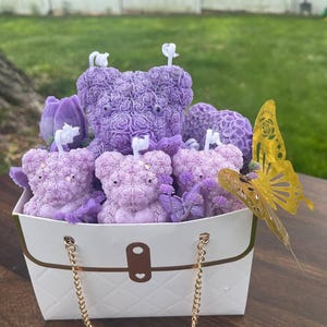 Adorable Pink Bear Flower Arrangement | Gift Bag with Scented Bear Candles