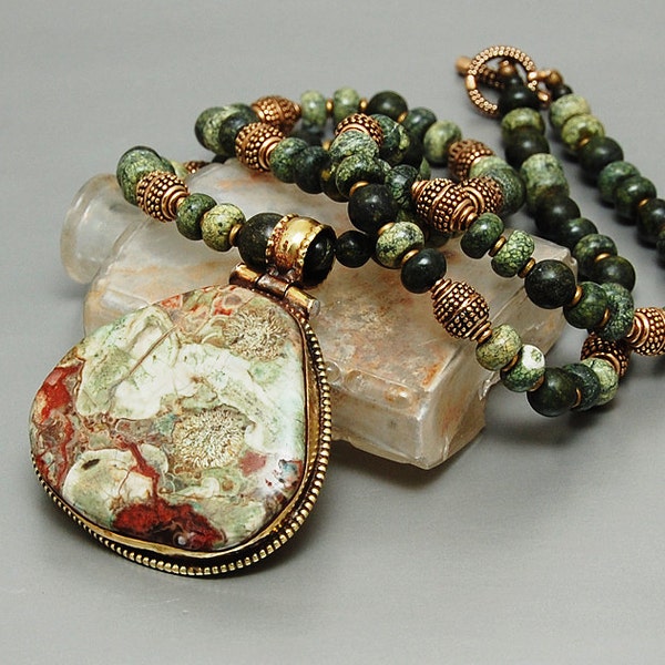 MOTHER NATURE - Necklace with handcrafted Jasper Pendant, Verdite and solid bronze beads