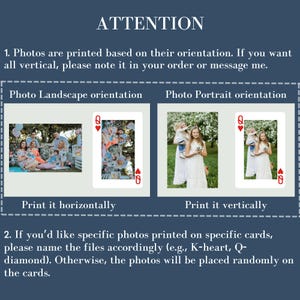 May include: A graphic with the word "ATTENTION" at the top. It shows examples of photo orientations on playing cards. Text explains how to specify horizontal or vertical printing and how to name files for specific card placement.