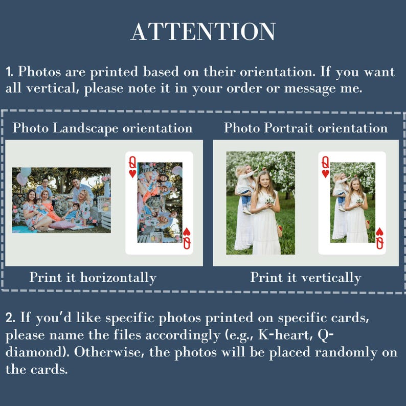 May include: A graphic with the word "ATTENTION" at the top. It shows examples of photo orientations on playing cards. Text explains how to specify horizontal or vertical printing and how to name files for specific card placement.
