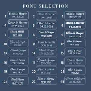 May include: A navy blue graphic with the text "FONT SELECTION" at the top. Below are 24 examples of text in different fonts, each displaying "Ethan & Harper" and the date "09.15.2026".