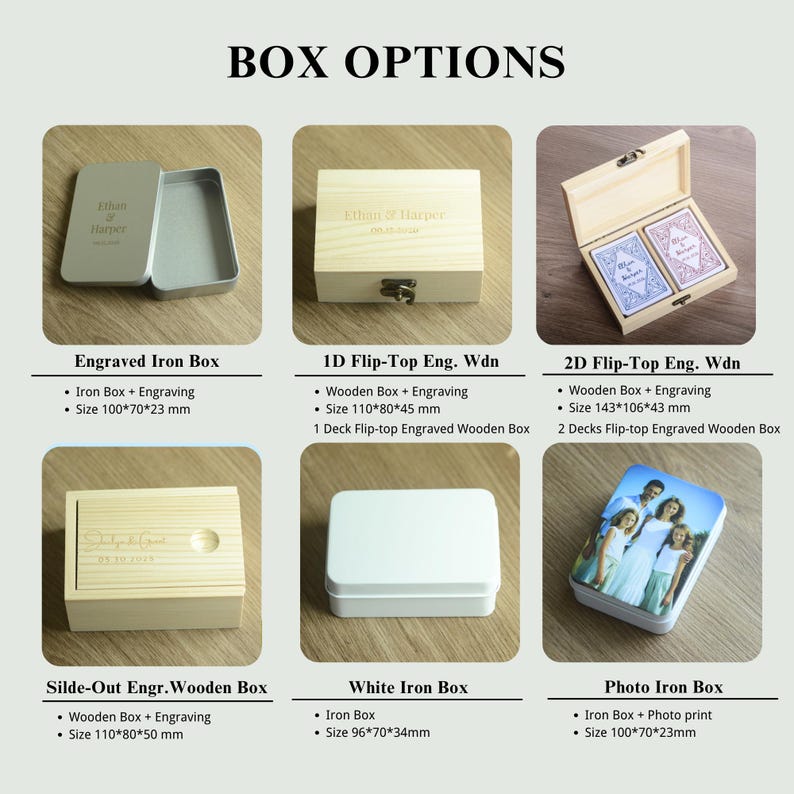 May include: Image showcasing various box options, including engraved iron boxes, wooden flip-top boxes, and a photo iron box. The boxes come in different sizes, with some featuring engravings and others displaying photos. The text "BOX OPTIONS" is at the top.