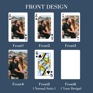 May include: Playing cards with a custom photo design. The cards feature a photo of a couple kissing on the front, with the Ace of Spades and the letter "A" in the corners. The back of the cards is a standard design.