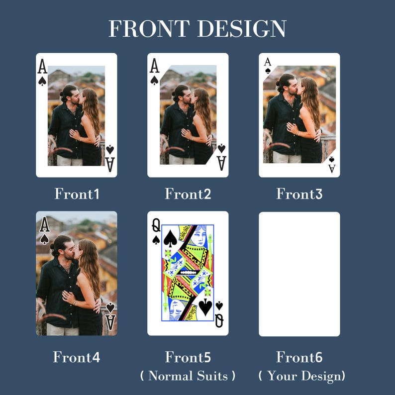 May include: Playing cards with a custom photo design. The cards feature a photo of a couple kissing on the front, with the Ace of Spades and the letter "A" in the corners. The back of the cards is a standard design.