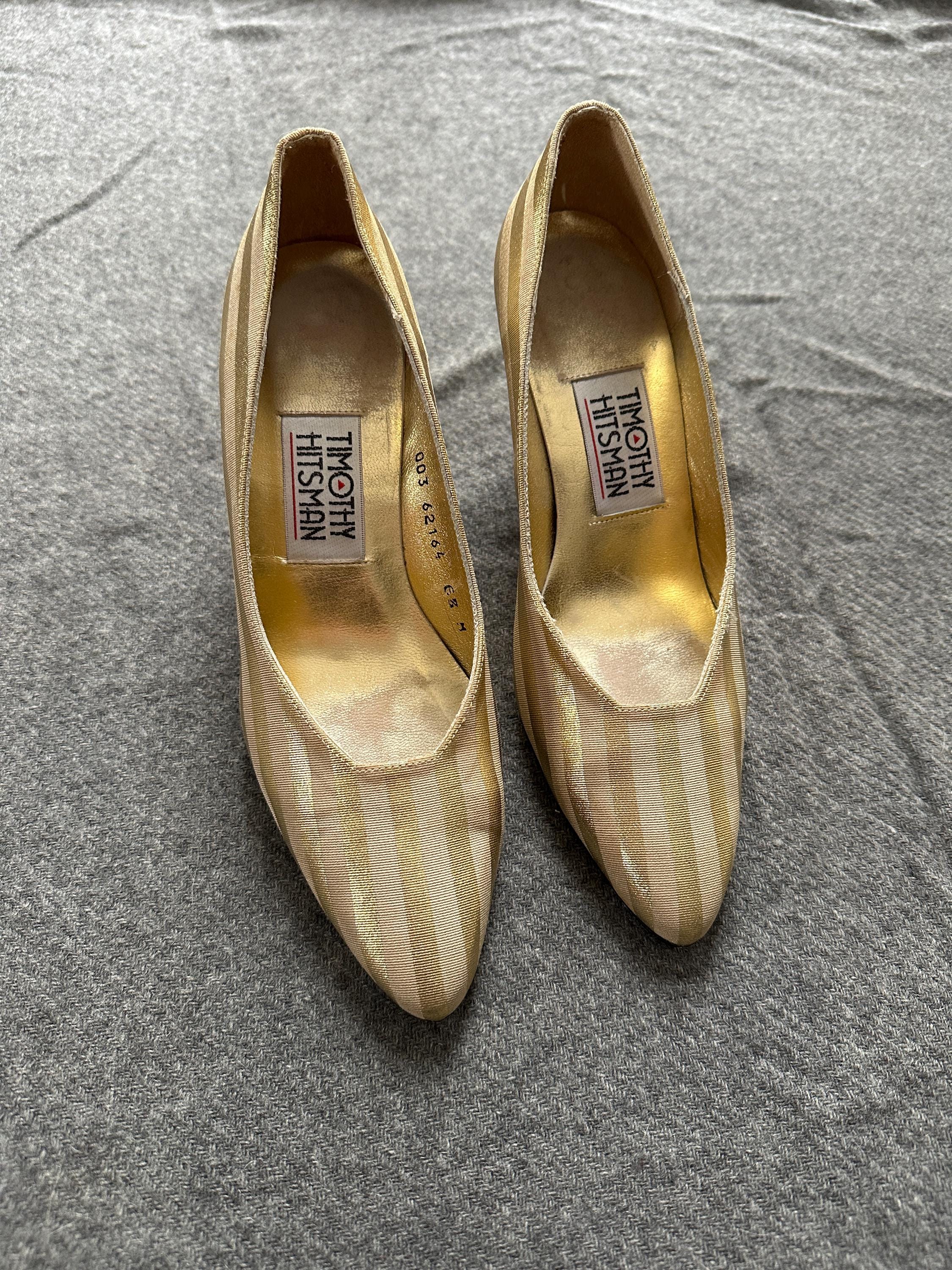Vintage Timothy Hitsman gold lame and beige canvas pumps. Gold 3" heel. Size 6.5M.