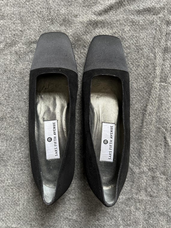 Vintage Saks Fifth Avenue Black Suede Flats, Satin Detail  display picture 3