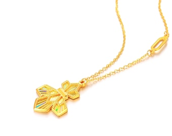 24K Solid Gold Crown Pendant Necklace, Elegant Dainty Chain