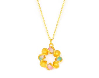 Handmade 24K 999 Gold Necklace，Enamel Flower Necklace，Colorful Floral Pendant