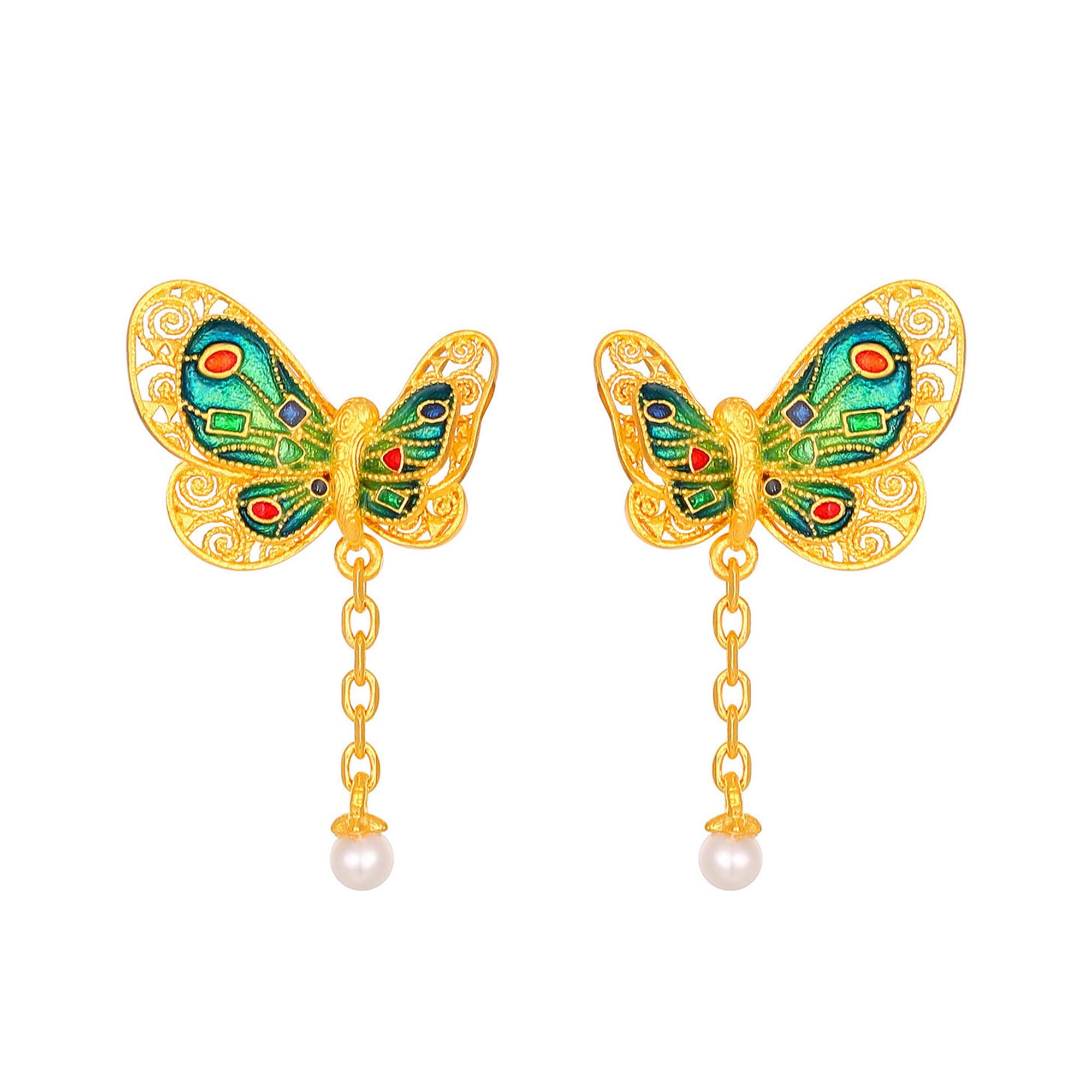 999 24k Yellow Gold Earrings，Butterfly Gold Earrings，Stylish Pearl Studs，Colorful Butterfly Dangles ， Vacation Earrings for Women.G0525
