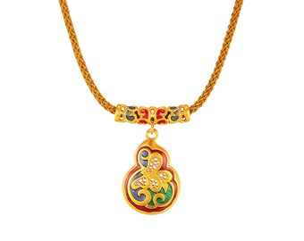 24K Gold Enamel Pendant Necklace: Auspicious Woven Design