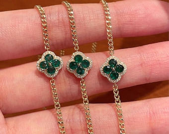 Large Green Four Flower Bracelet: 18K Yellow Gold, Emerald Jewelry, Diamond Accessories