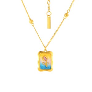 24K Solid Gold Flower Necklace, Dainty Floral Pendant, 45cm Chain