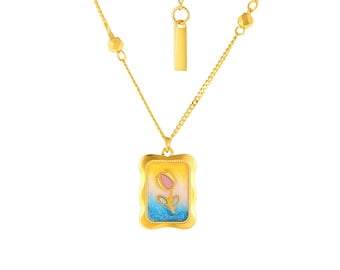 24K Solid Gold Flower Necklace, Dainty Floral Pendant, 45cm Chain