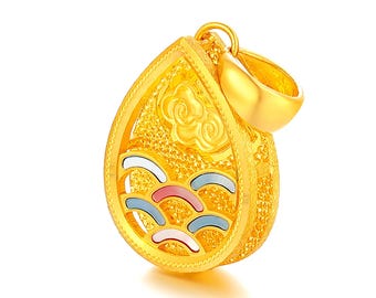 24K Pure Gold Pendant Necklace, Cloud & Teardrop Charm, Minimalist Jewelry