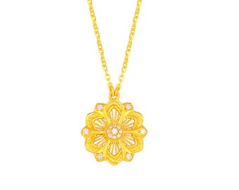 Dainty 24K Solid Gold Diamond Flower Pendant Necklace - 45cm Chain