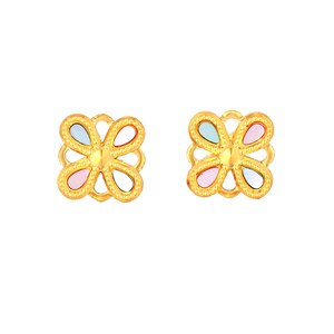 Aretes de oro macizo de 24 quilates con flores de colores. Aretes circulares de oro de 24 quilates. Aretes de oro para mujer. G0402
