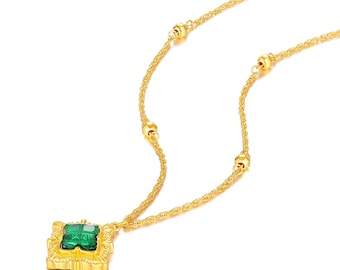 Vintage 24K Gold Floral Necklace, Green Gemstone Pendant