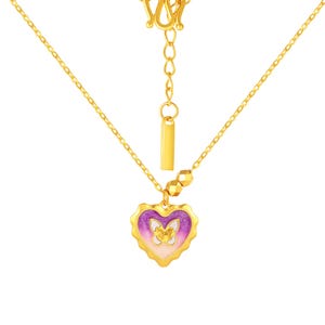 24K Solid Gold Heart Butterfly Pendant,  Pure Gold Chain Necklace