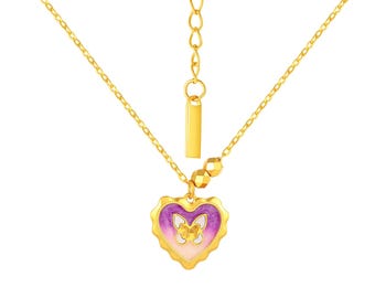 24K Solid Gold Heart Butterfly Pendant,  Pure Gold Chain Necklace