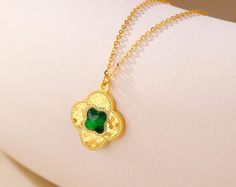 24k Gold Green Gemstone Necklace, Four-Leaf Clover Pendant