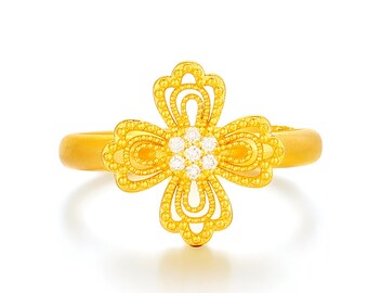 24K Gold Flower Ring, Diamond Blossom, Adjustable Band