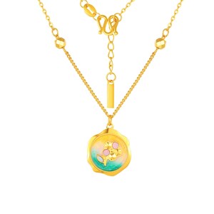 24K Solid Gold Yellow Flower Pendant Necklace.Pure Gold Pink Floral 45cm Chain Necklace.Birthday Gift.G0271