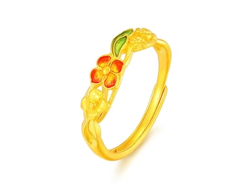 Handcrafted 24K Gold Ring,  Enamel Floral Leaf Design, Vacation Jewelry